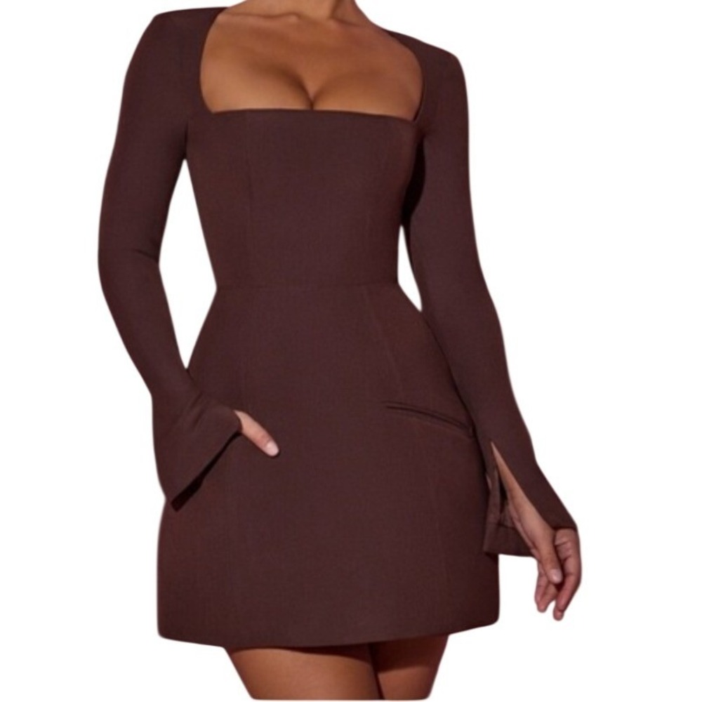 Oh Polly Taesha Square Neck Structured Tulip Mini Dress Chocolate Brown Sz 0 NEW